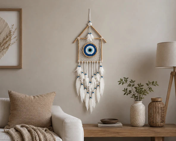 Attrape-Rêve Maison – Perle Nazar & Plumes Blanches