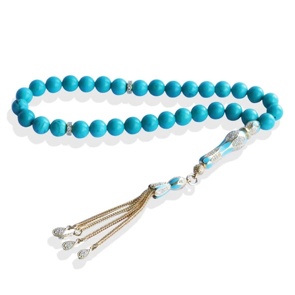Tesbih artisanal en or et argent avec turquoise naturelle