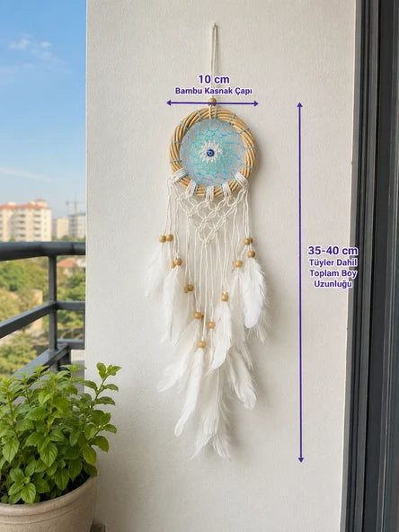 Attrape-Rêve Bambou – Œil Protecteur & Plumes Blanches