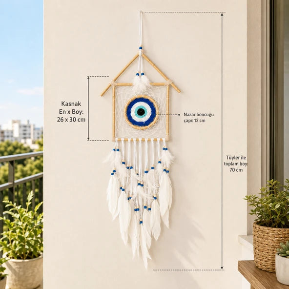 Attrape-Rêve Maison – Perle Nazar & Plumes Blanches