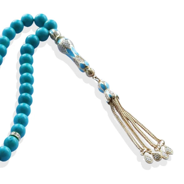 Tesbih artisanal en or et argent avec turquoise naturelle