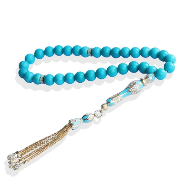 Tesbih artisanal en or et argent avec turquoise naturelle