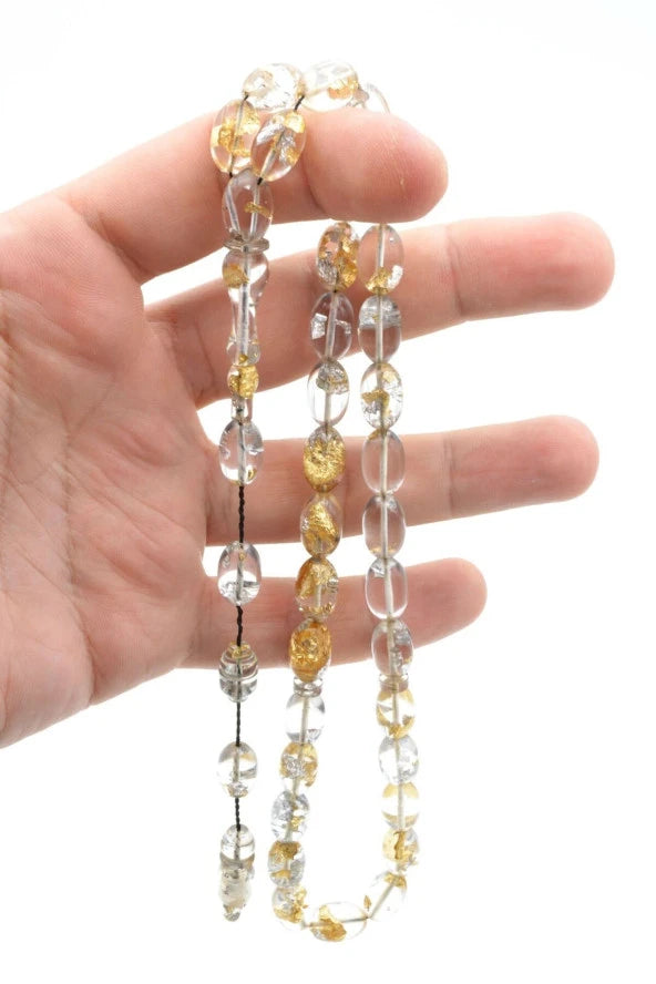 Tesbih artisanal en ambre compressé, perles en forme d’orge