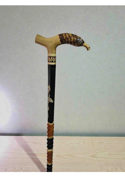 Baston-Canne de Marche Brodée Tête d’Aigle en Bois de Cornouiller