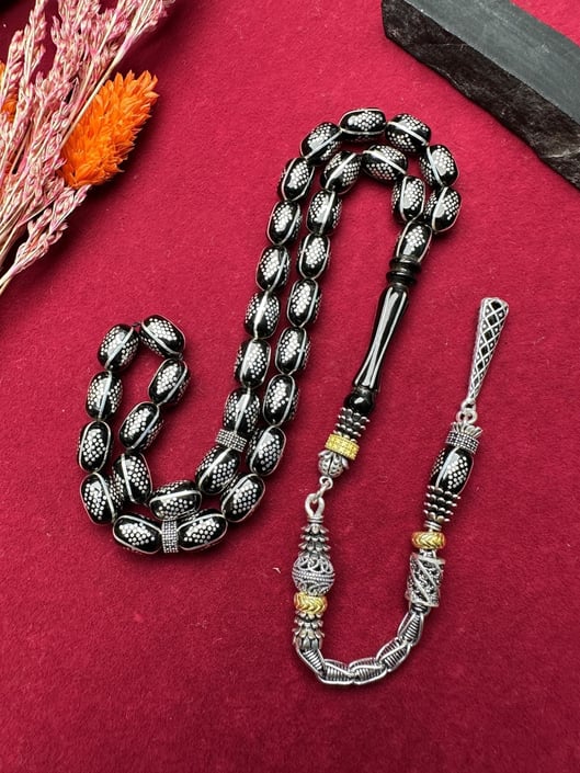 Tesbih Oltu – Perles de Prière, Anti-Stress, Brodées d'Argent